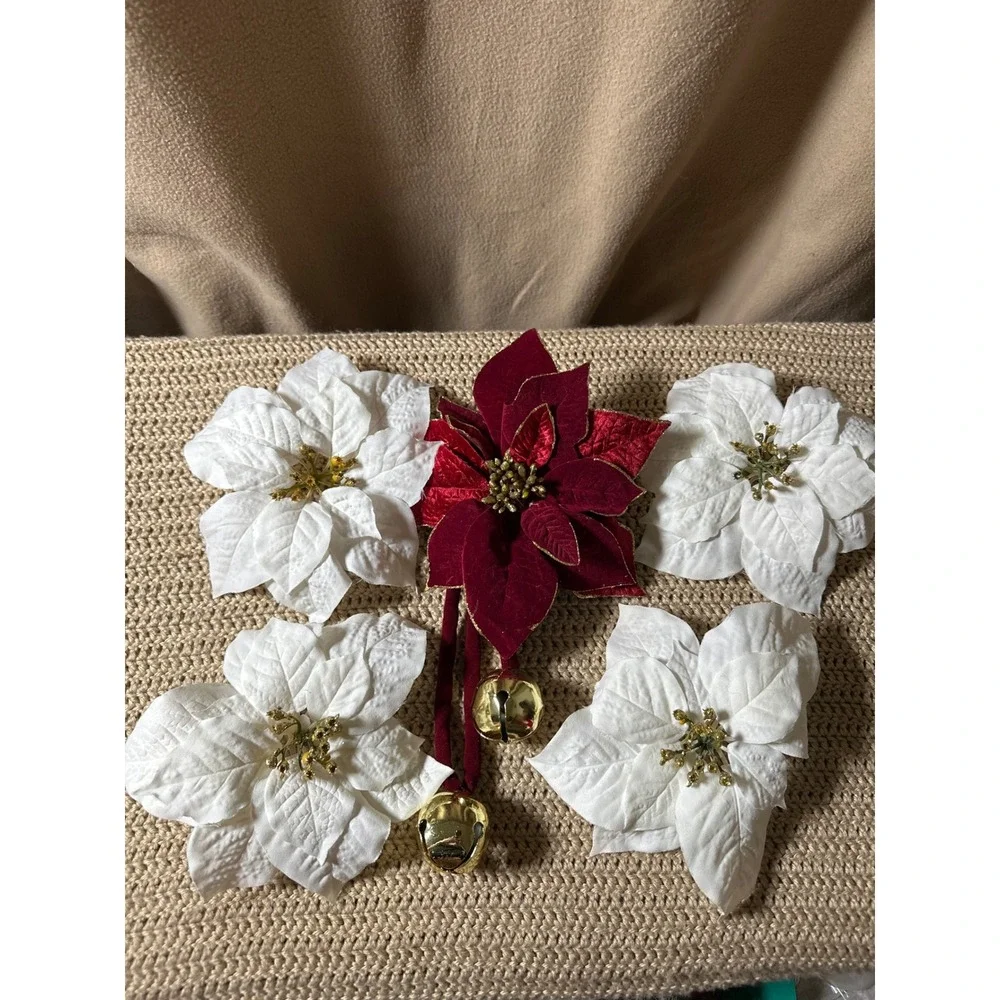 Christmas Poinsettia Clip Set White Set of 4 & Red Velvet Jingle Bells Vtg Decor